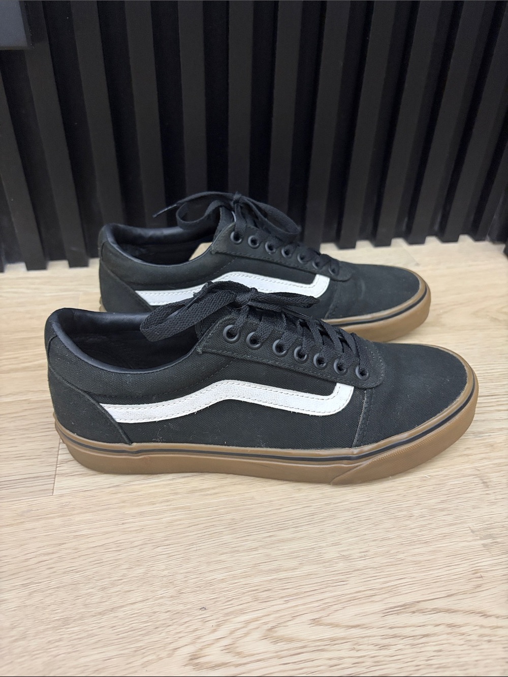 Vans Black Canvas Low-Top Sneakers with White Side Stripe and Gum Sole